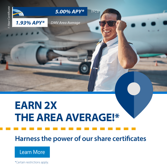 Earn 2x the area average with our share certificates. Certain restrictions apply.