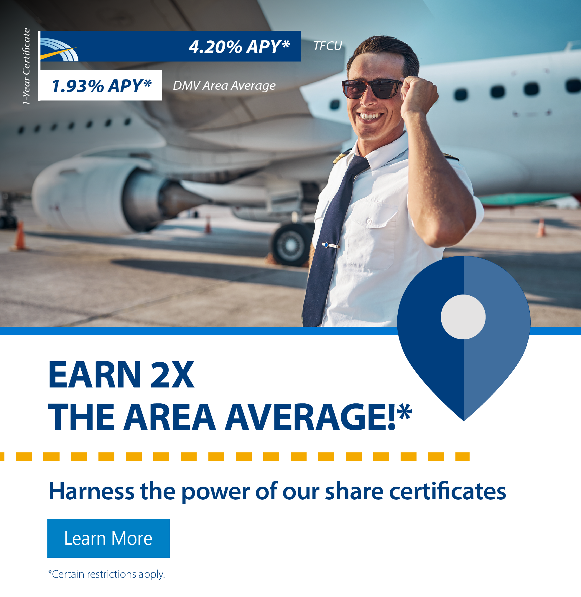 Earn 2x the area average with our share certificates. Certain restrictions apply.